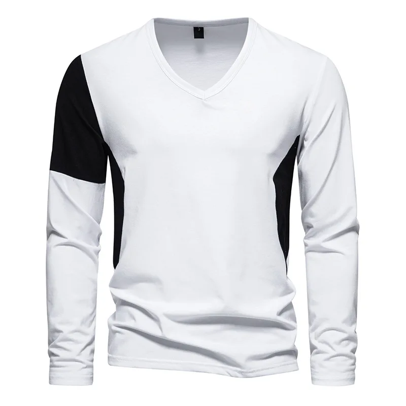 Mens Long Sleeve Athletic Shirts Slim Fit Cotton V Neck T Shirt Men Casual Basic Plain Streetwear Tshirt Male Tee Shirt Homme