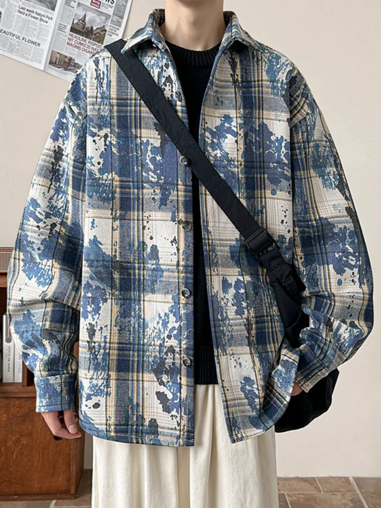 

Winter Plaid Fce Lined Men's irt High Street Sle Tie Dye Jaet American Trendy Long Sve Youth Faion Wear