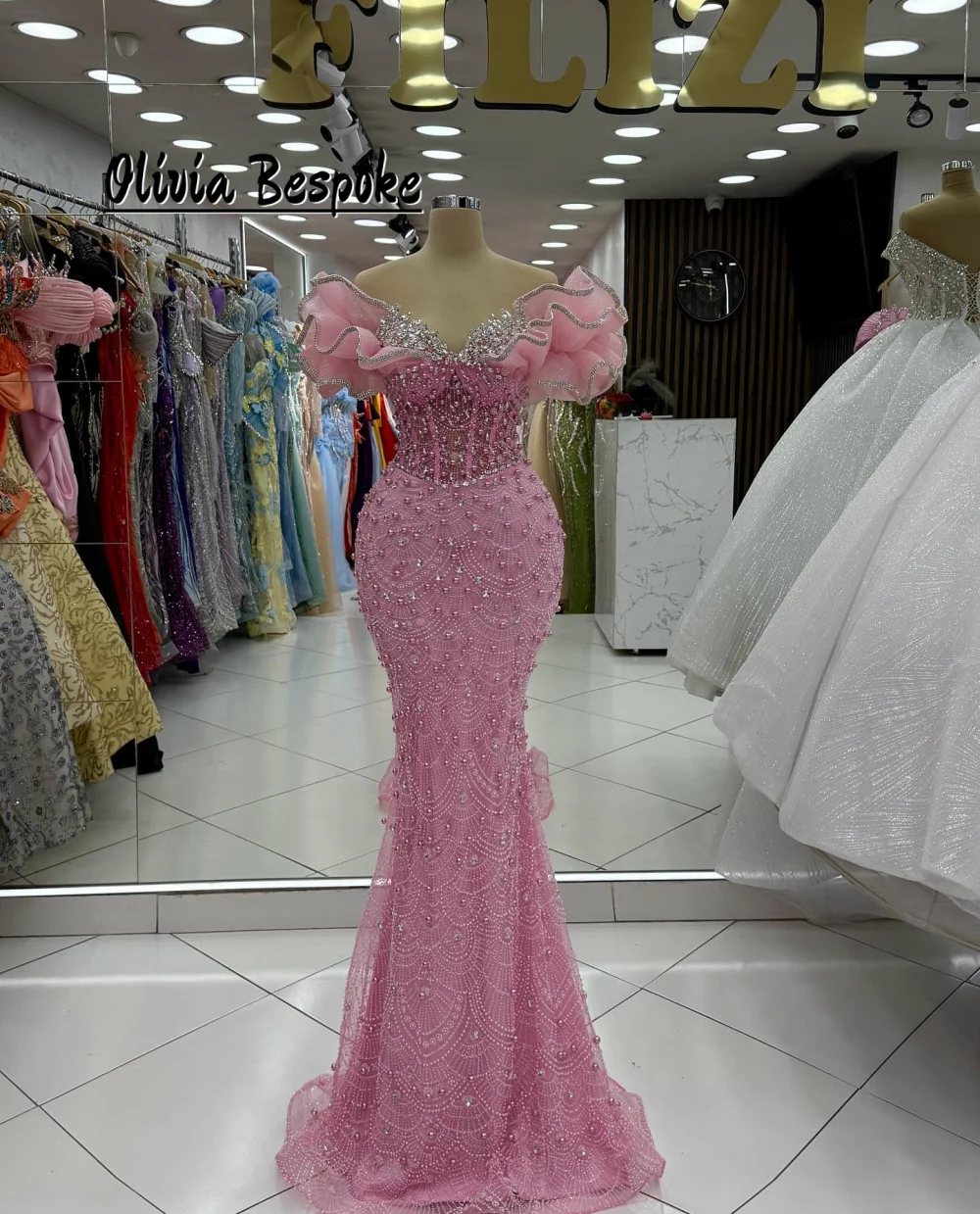 

Unique Pink Beaded Sweetheart Aso Ebi Evening Dresses Beading Mermaid Party Gown African Women vestidos de noche Customized