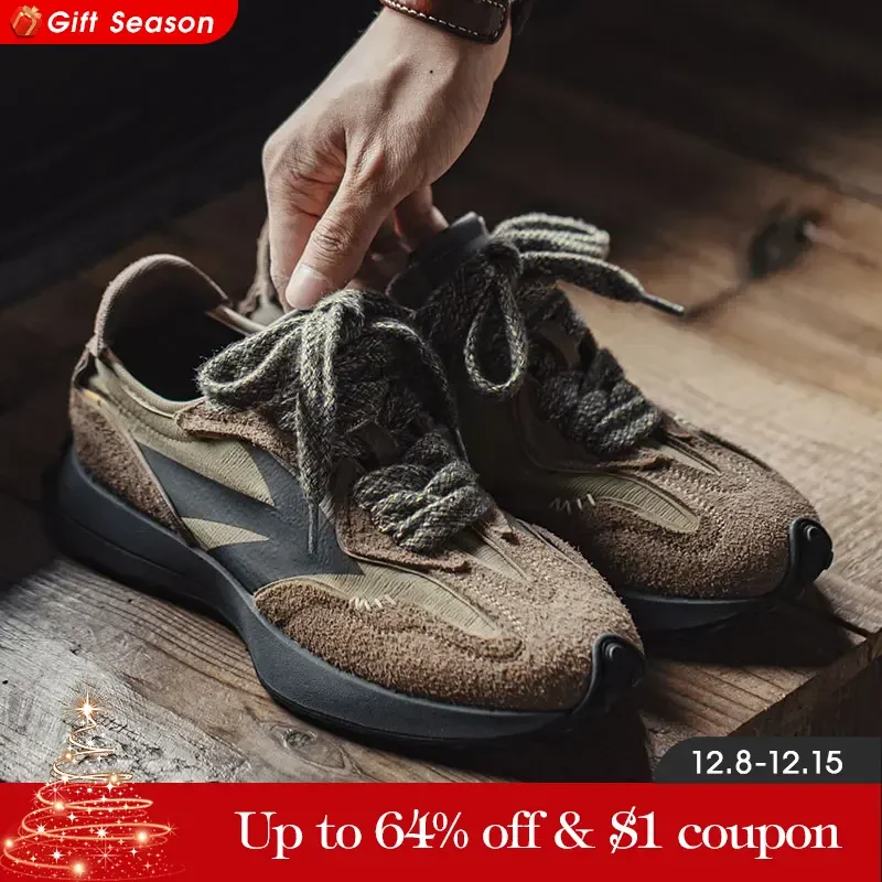 Maden 70S Retro Casual Sneakers for Men Thick Sole Jogging Breathable Casual Shoes Suede Leather Checked Cloth Mens Shoes