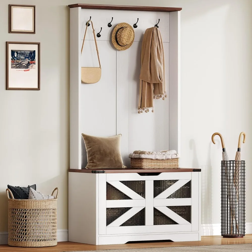 رفوف المعاطف مع مقاعد البدلاء ورف الأحذية، منظم تخزين الأحذية الكبير مع خطافات المعطف، باب الحظيرة المنزلق للدرج، أرفف قابلة للتعديل