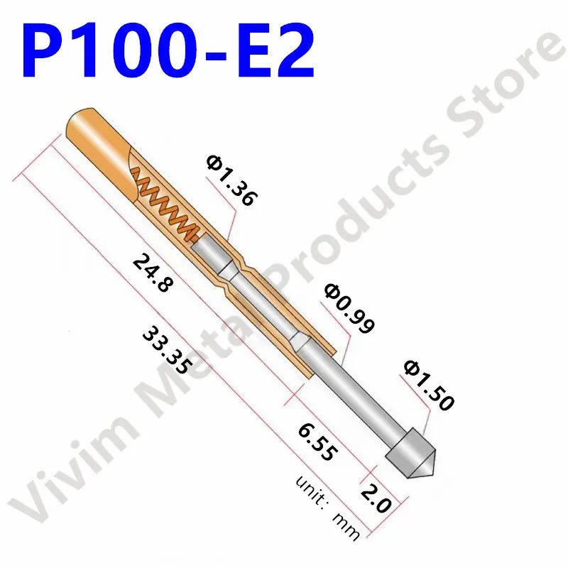 100PCS P100-E2 Spring Test Probe Pogo Pin P100-E Test Pin Needle Head Dia 1.5mm For Testing Tools Length 33.35mm Dia 1.36mm