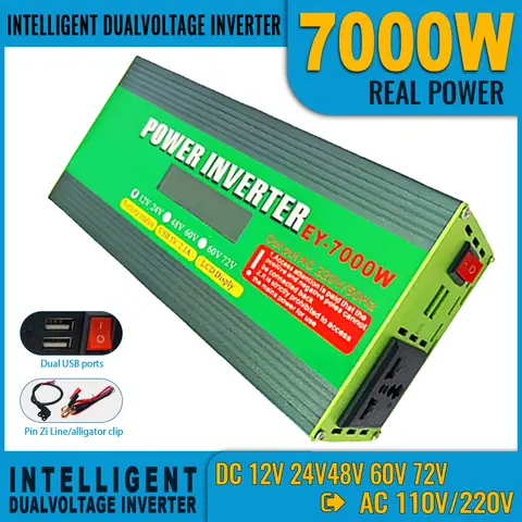 스마트 듀얼 전압 인버터, 7000W 피크 전력 LCD 화면 모니터링, 다중 보호 듀얼 USB 포트, 12V-72V 호환성