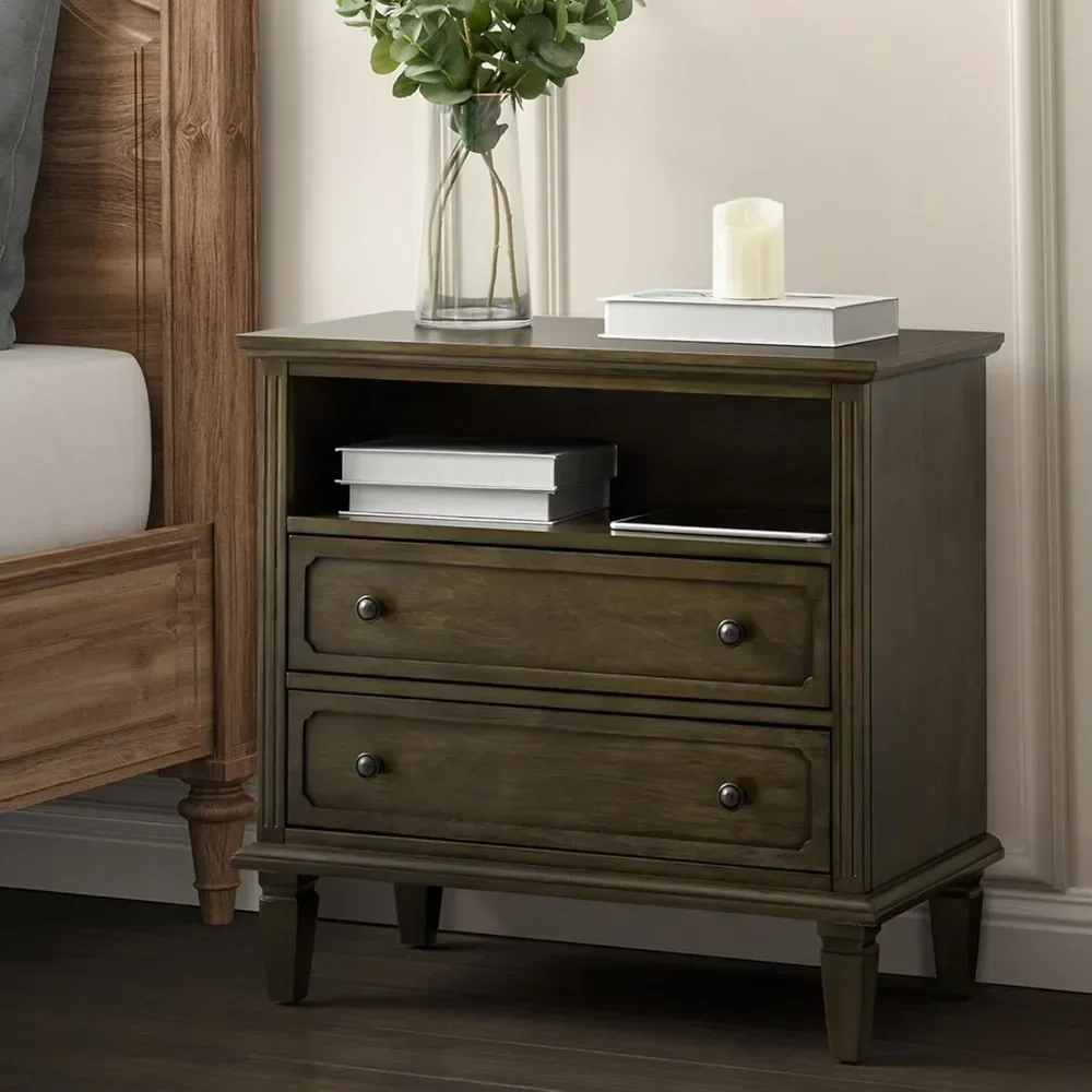 Nightstand with Charging Station, Farmhouse End Table with USB Ports and Outlets, Fluted Pilasters Design Side Table
