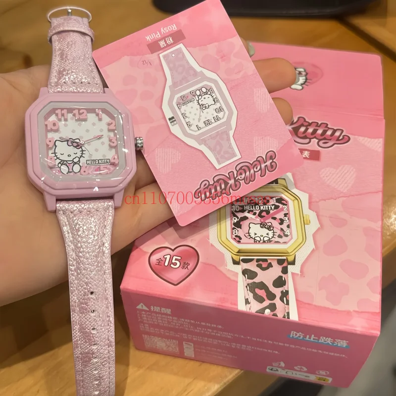 Hello Kitty Armbanduhr mit Leopardenmuster, Blindbox, quadratisches Zifferblatt, authentisches Geburtstagsgeschenk, Überraschungsgeschenk für den täglichen Gebrauch für erwachsene Frauen