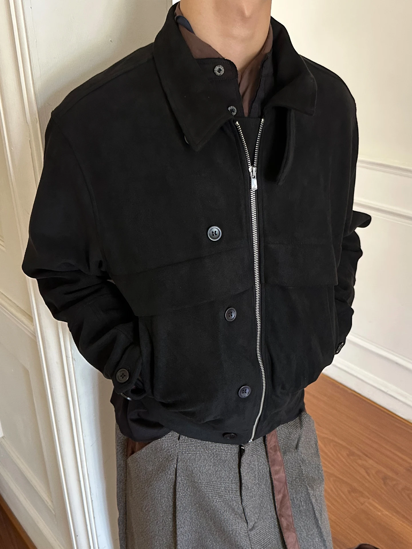 

American Sle Retro Cleanfit Collar Jaet Men's Women's Suede Feel Open Cardigan Coat Autumn Boxy ort Wide Outerwear