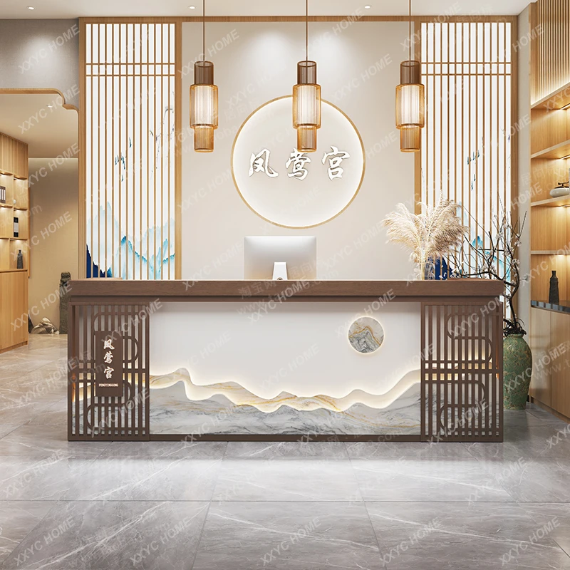 A New Chinese style solid wood bar table checkout page Front desk reception Foot bath Health club Caier shop B & B Hotel