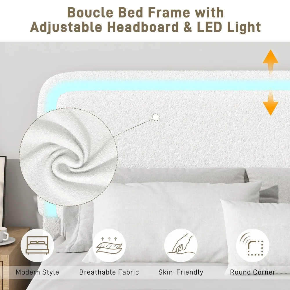 Queen Bed Frame with LED Light, Boucle Upholstered Platform Bed with Adjustable Headboard, Soft Rounded Corners, Comfy Beds image 2