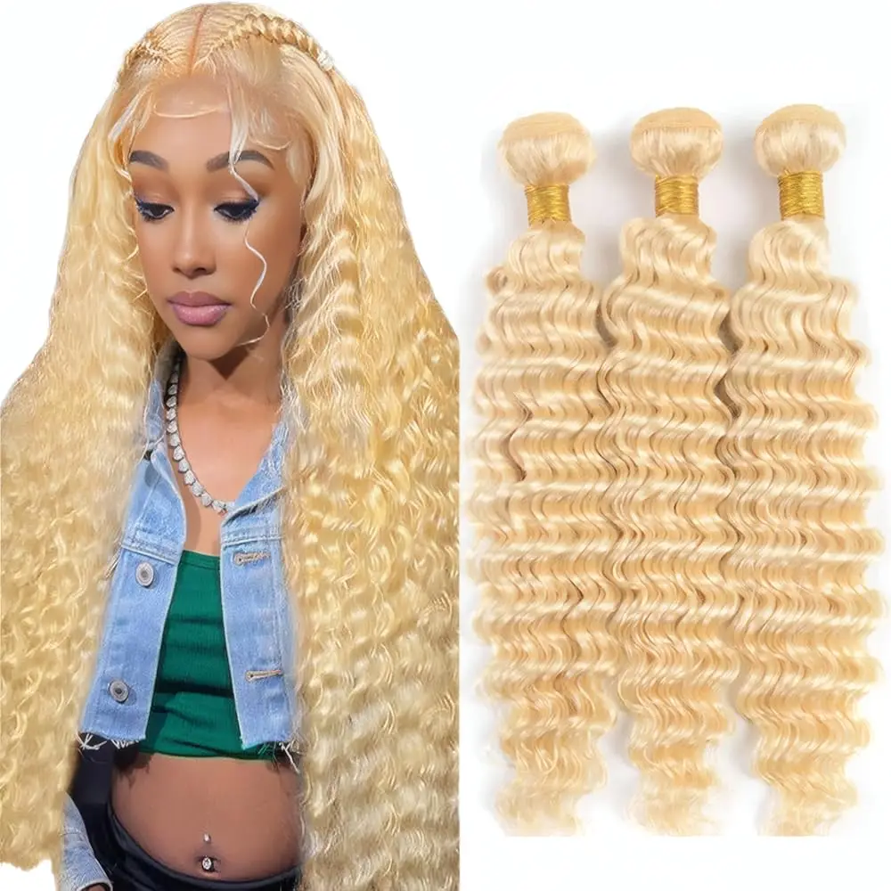 613 Human Hair Bundles Deep Wave 1/3/4 Bundle Blonde 22 24 26 28 Inch Color 613 Bundles Human Hair Extension 65g Single Bundle Double Weft Unprocessed Brazilian Virgin Hair - view 2
