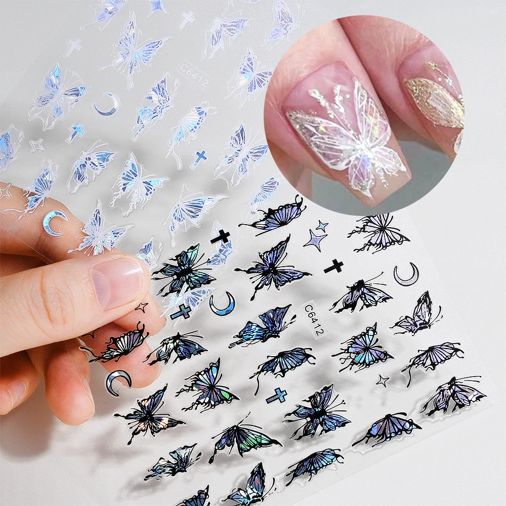 1pcs 3D Holographic Butterfly Nail Art Stickers Black White Glitter Nail Decals Charms Sliders Tattoo DIY Manicure Decorations#&