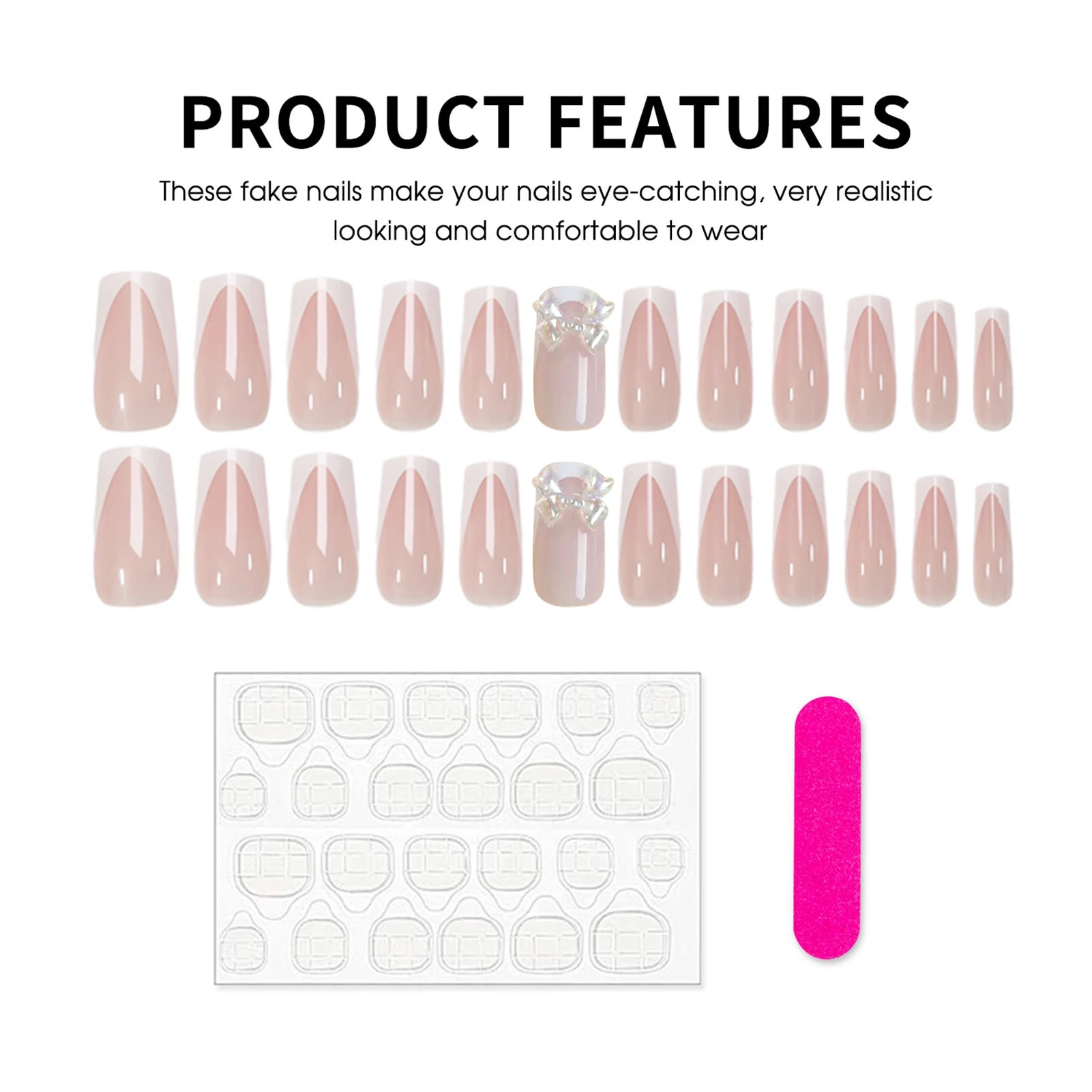 สีขาวภาษาฝรั่งเศสคําเคล็ดลับกดบนเล็บ 24 ชิ้นสีนู้ดเล็บปลอมง่าย DIY เล็บเจ้าสาวงานแต่งงาน Stick - on เล็บปลอม Bowknot ตกแต่ง