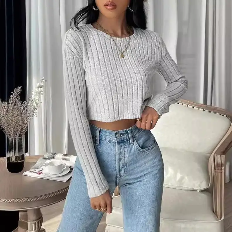 

Women's Long Sve Knitted Base irt Striped Commute Sle Polyester Fabric Office Faion Ladies' T-irt