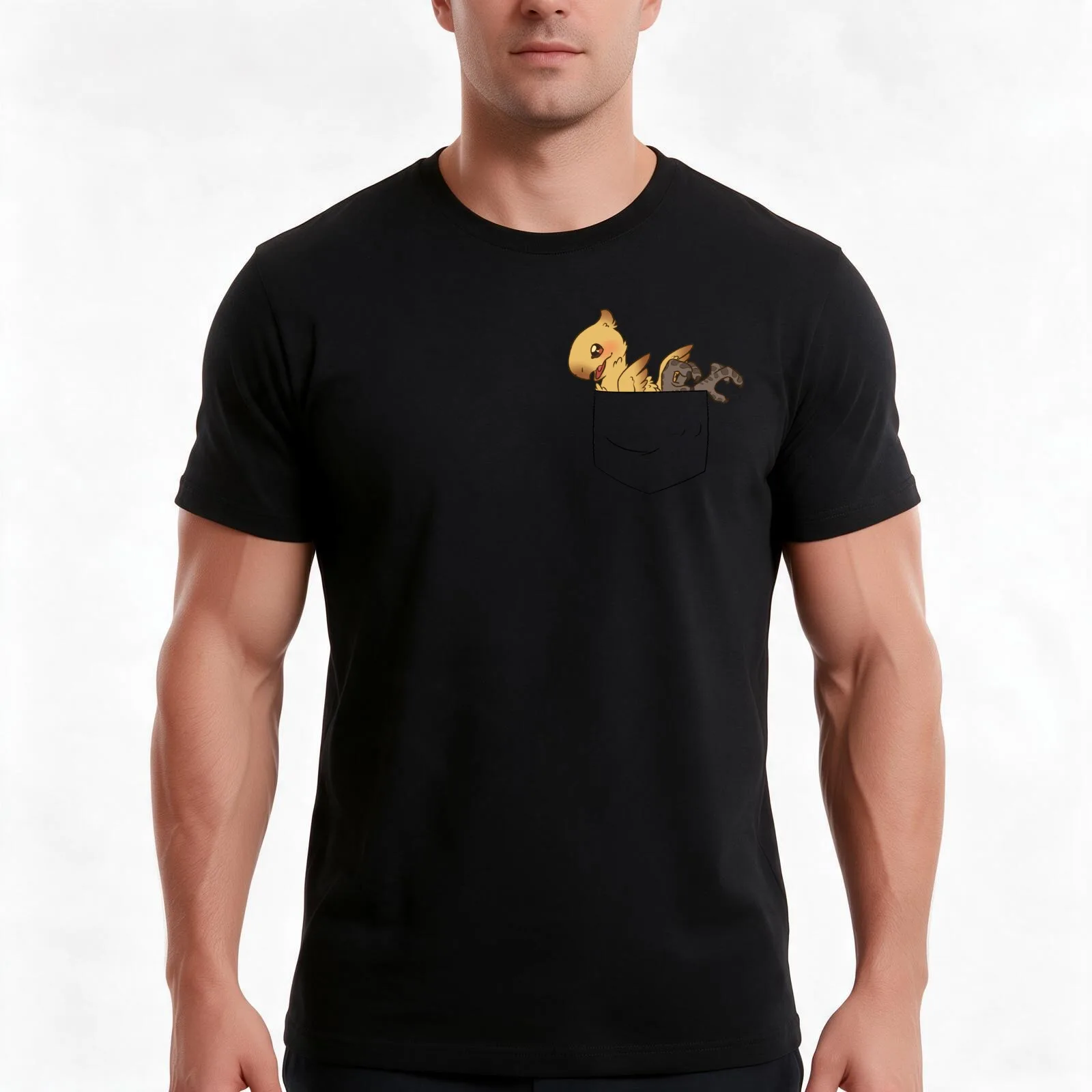 Pocket Chocobo T-Shirt Summer Casual Cotton Tee Oversized Streetwear Tops Vintage Graphic Print Loose Fit Short Sleeve
