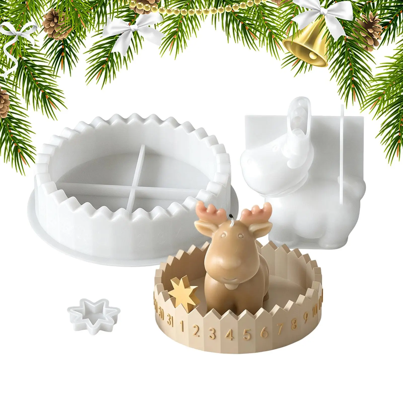 Christmas Countdown Calendar Silicone Mold Set 1-31 Days Candle Making Molds 3D Reindeer Christmas Tree Candle Holder Resin Mold