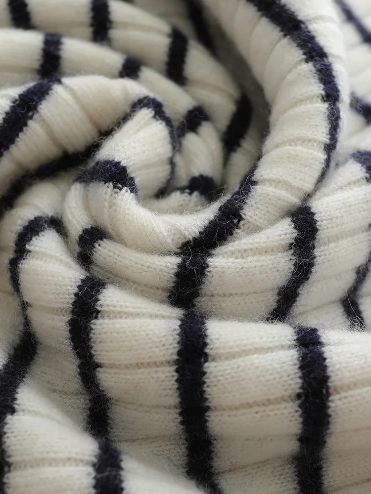 Gola polo feminina macio quente preto branco listrado pulôver 100% camisola de caxemira outono inverno simples moda roupas topos