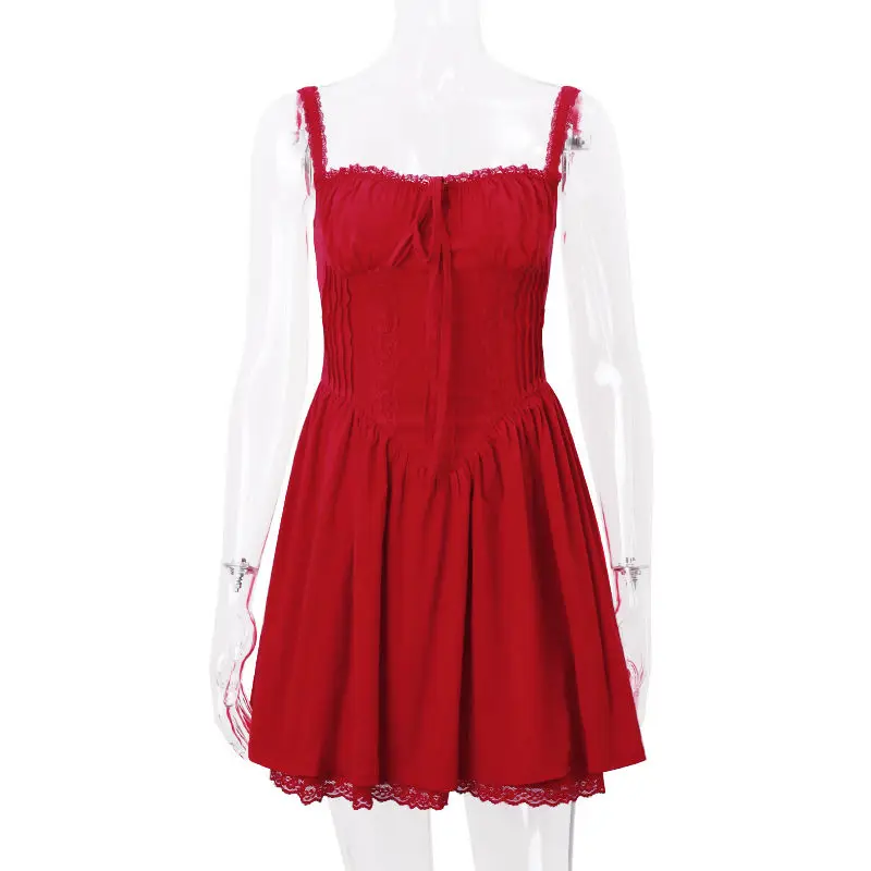 HOUZHOU eleganti abiti da festa per le vacanze donna rosso Sexy Mini abito Casual senza maniche collo quadrato vestito di un pezzo fasciatura Hotsweet