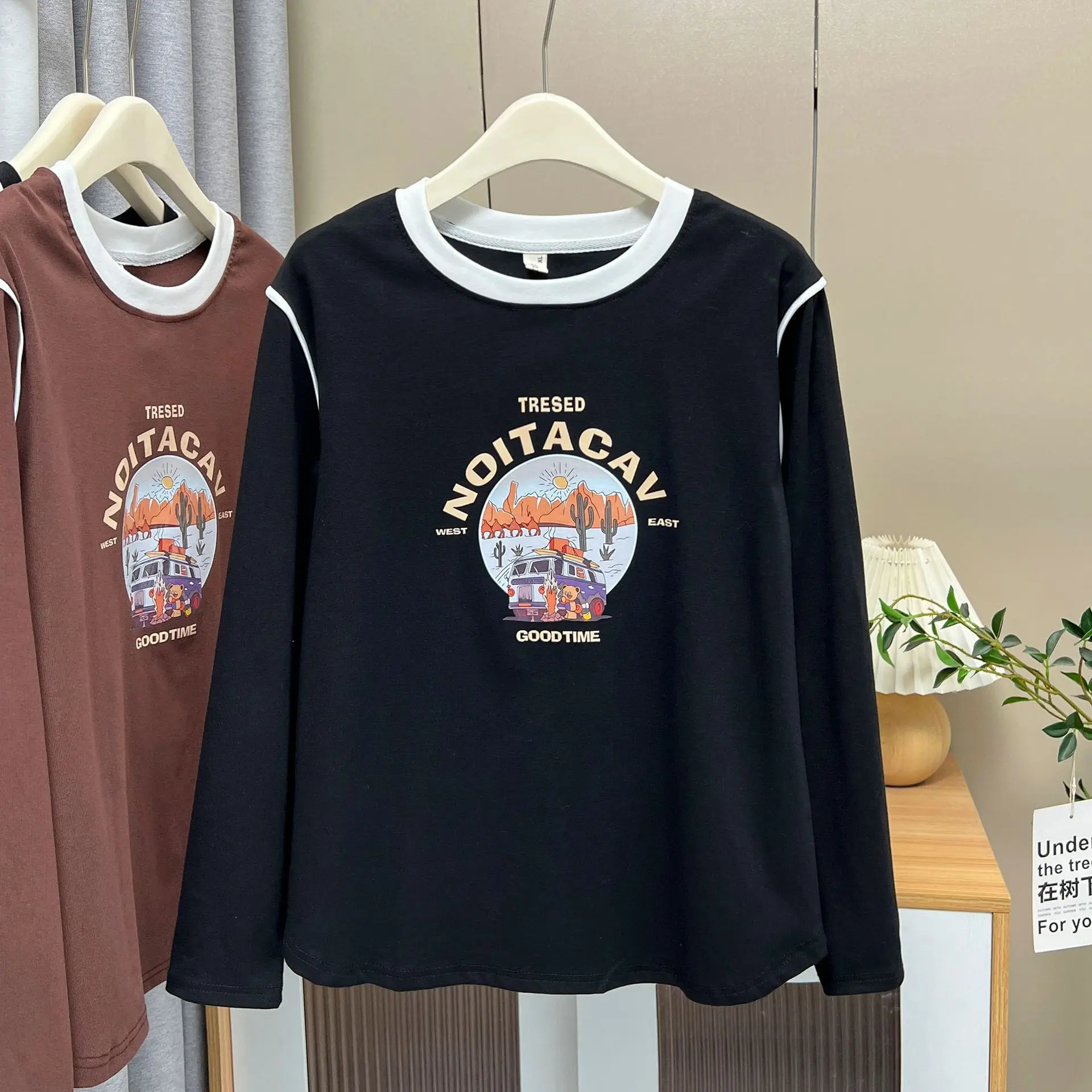 

Весенний топ весны 100 кг, новая повседневная футболка с длинными рукавами и цветным принтом, женские базовые футболки 9633