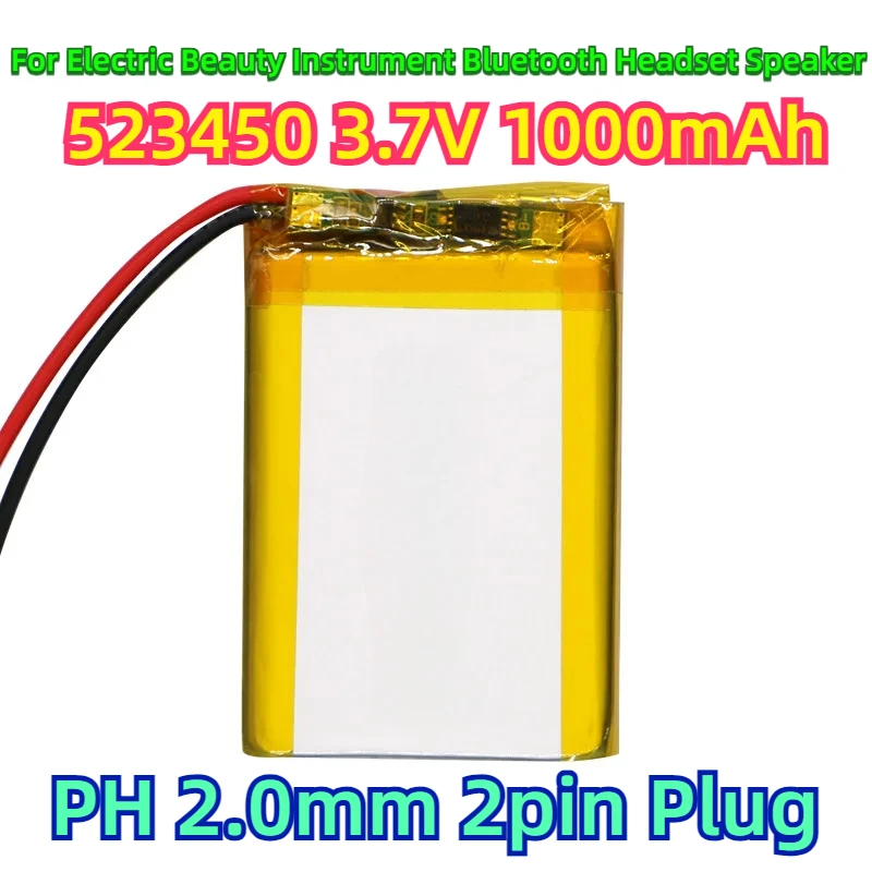 

For Electric Beauty Instrument Bluetooth Headset Speaker 523450 3.7V 1000mAh Polymer Lithium Battery Jst PH 2.0mm 2pin Plug