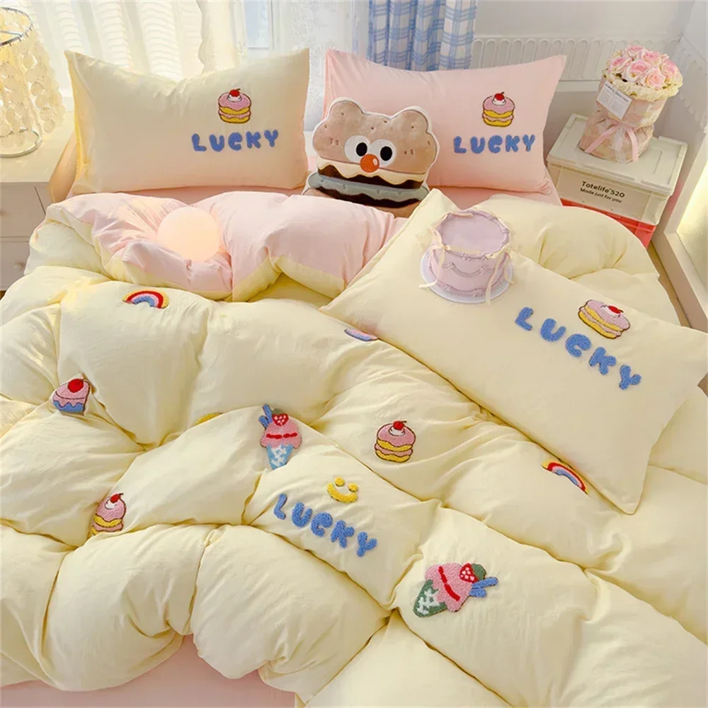 

Cute Cartoon Bedding Sets For Kids Girls Korean Washed Cotton Duvet Cover Embroidery Comforter Bed Sheets Set Queen King Size