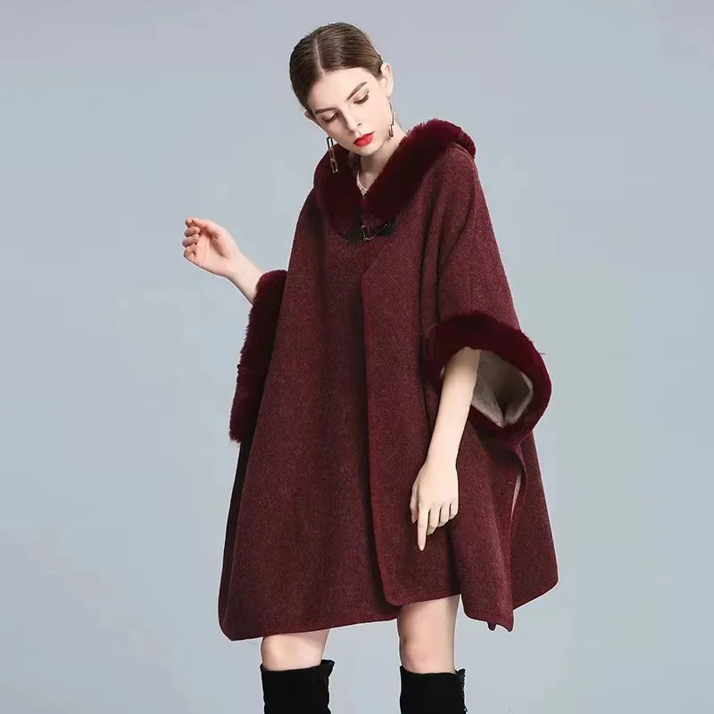 

Autumn Winter New Imitation Otter Rabbit Fur Collar Hooded Shawl Cape Imitation Wool Woolen Loose Ponchos Capes Coffee Cloak R1