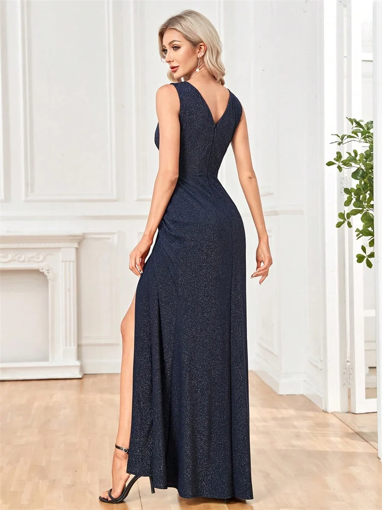 BLUEPLUM Elegant Shining V-neck Formal Evening Dress Luxury Women Sexy Split Maxi Dress Blue Wedding PartyGown  Cocktail Prom Dr