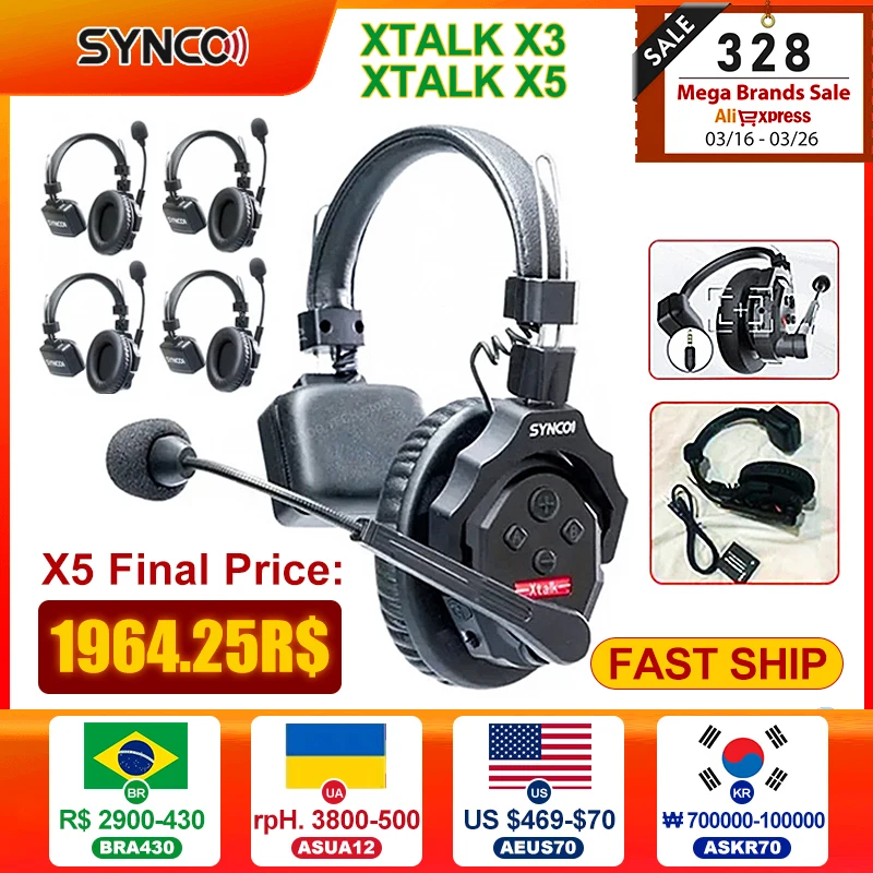 Synco Xtalk 2.4G Full-Duplex Single-Ear X2 X3 X5 X9 Remote Headset Wireless Intercom System for Film Television Shooting Studio