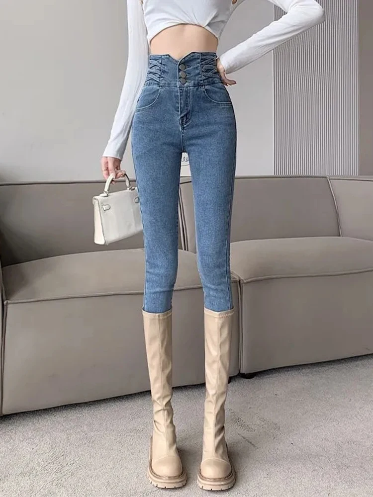 Chic Skinny a vita alta Jeans a matita donna Vintage Stretch Slim Denim pantaloni Design coreano Casual Streetwear Solid Kot Pantolon