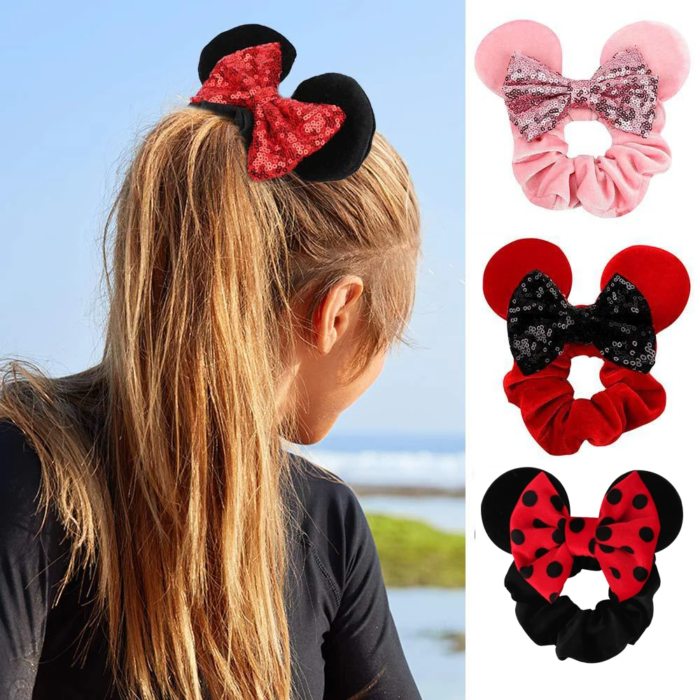 Disney-Diadema de Mickey Mouse para niña, accesorios para el cabello con orejas de lazo de Minnie, anillo de pelo de franela para niña, fiesta