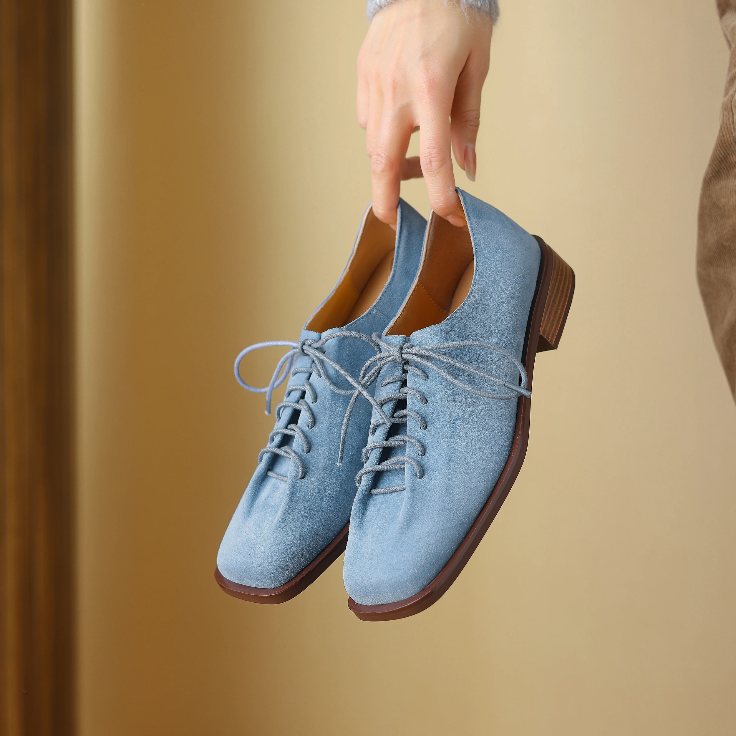 

Genuine Leather Sheepskin Suede Women's Shoes,Lace-Up Thick Heels British Style Classic Women's Oxford Shoes