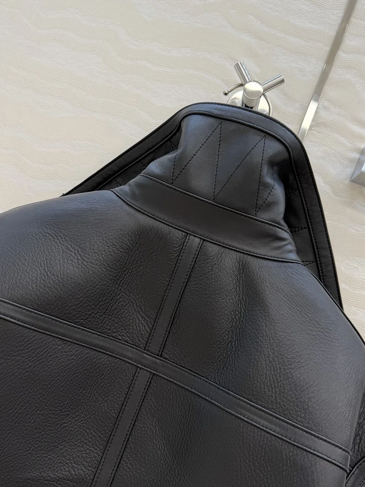 SVORYXIU Winter New style Flip collar Zipper Genuine leather jacket Woman Fashion black Lined with plush warm Leather jacket