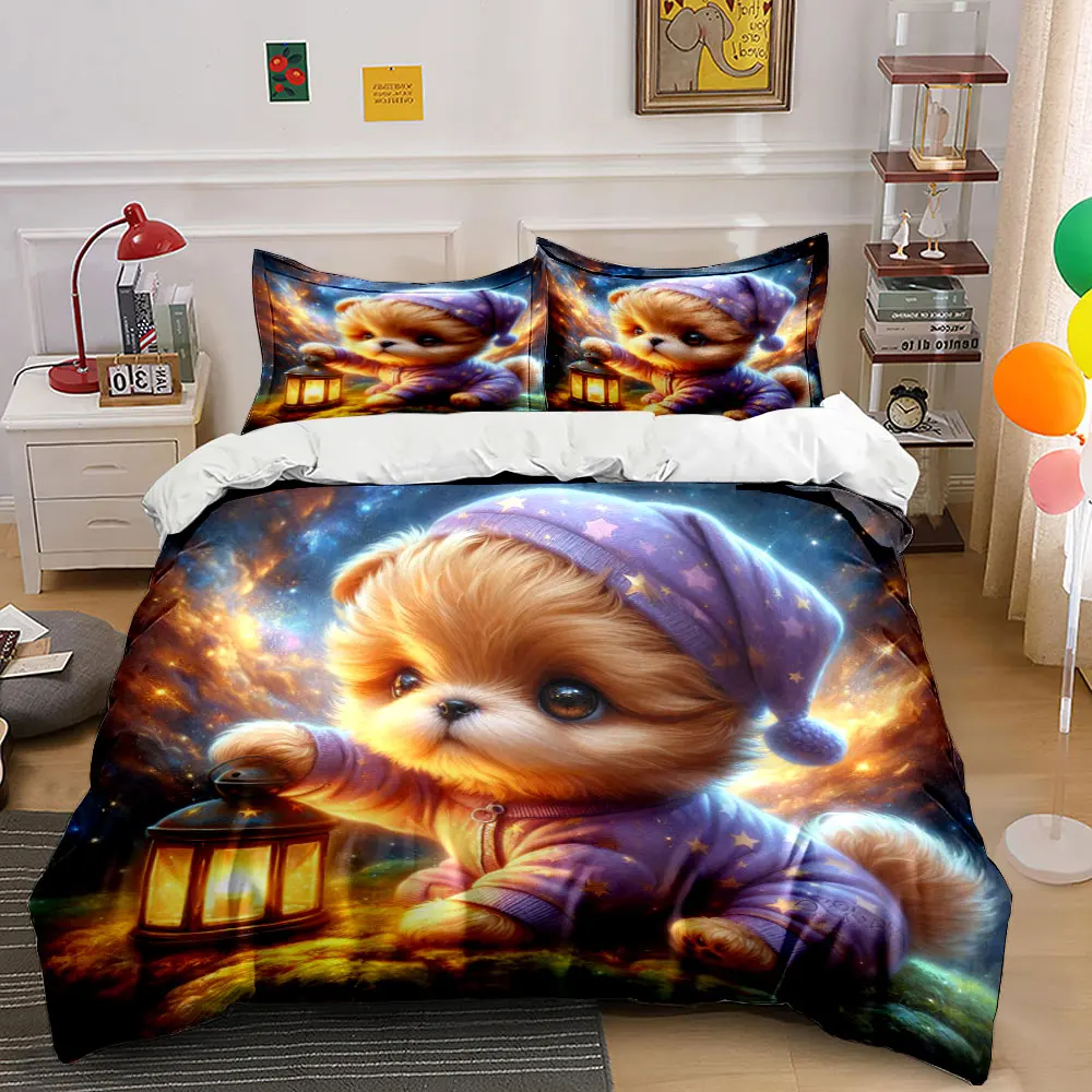 Cozy dog with starlit lantern Print Bedding Set 1 Duvet Cover 2 Pillowcases for Adult and Children Luxury Gift Full Size