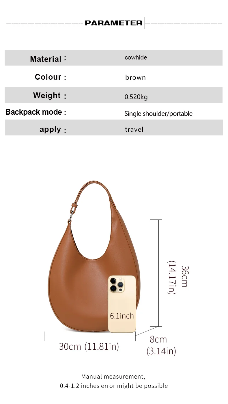 AIDRANI Damen Echtleder Rindsleder Unregelmäßige Halbmond-Umhängetasche Einzel-Schulter Achseldesign Halbkreis-Handtasche – Detail 5