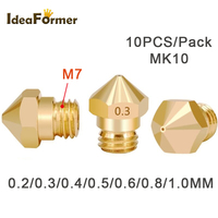 10pcs MK10 Nozzle 0.2 0.4-1.0mm/1.75mm  M7 Extruder Brass Print Head for 3D Printer Wanhao Dupicator D4/I3/Dremel QIDI Makerbot