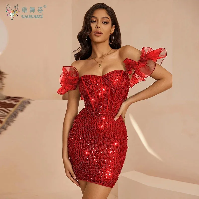 セクシーなスパンコールフリルスパゲッティストラップ背中の開いたレースアップボディコンドレス女性のためのスリムフィットハイウエストファッションイブニングドレス