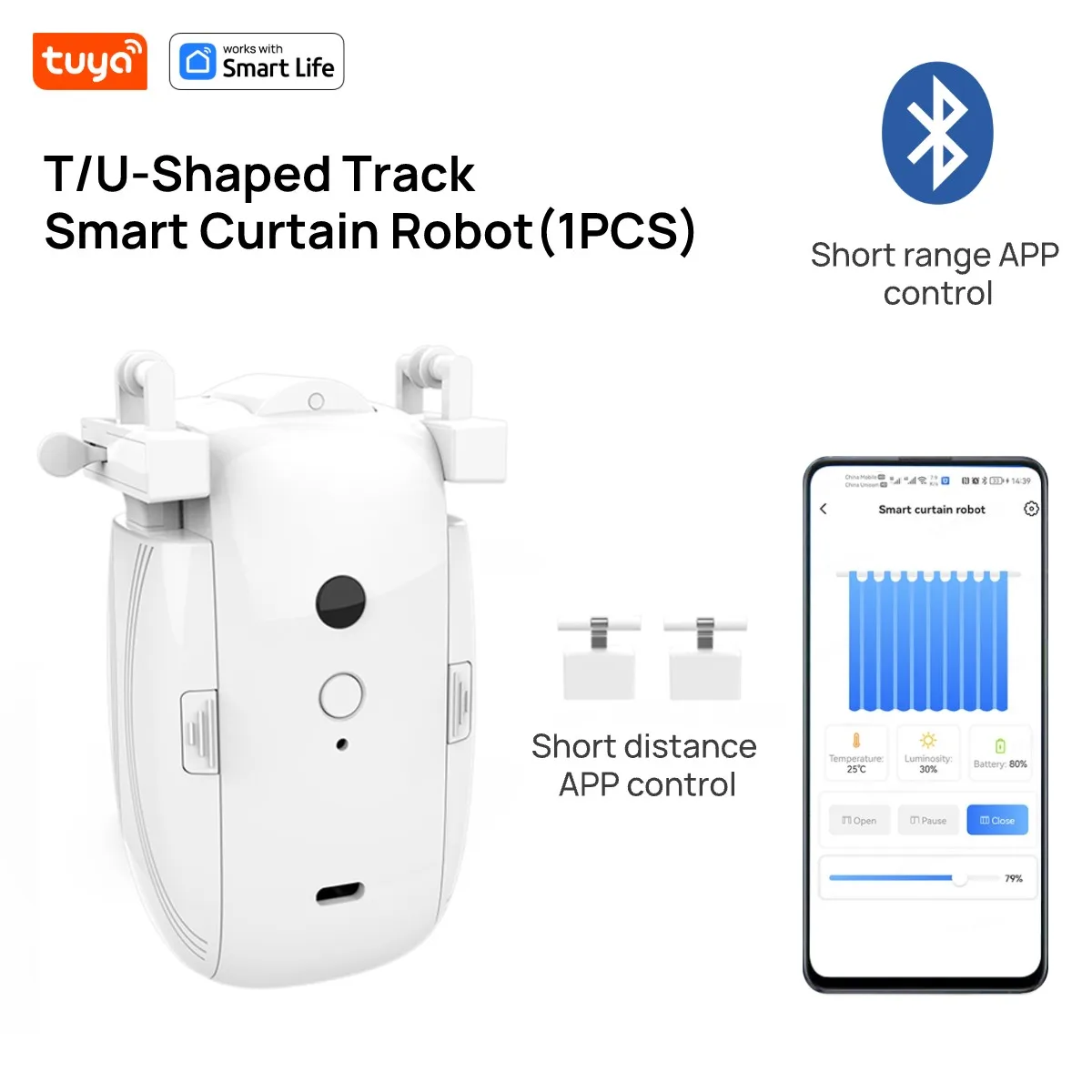 Robot rideau intelligent Tuya (piste en forme de T/U), application Bluetooth, contrôle à courte portée, interrupteur temporisé, traction pour démarrage, capacité de charge de 8KG