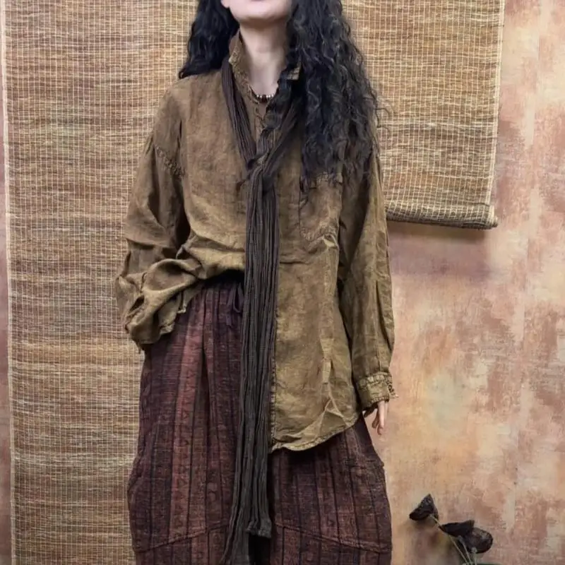 

Весенне-осенний новый художественный стиль, женские свободные повседневные рубашки с отложным воротником, винтажная хлопково-льняная однобортная блузка высшего качества