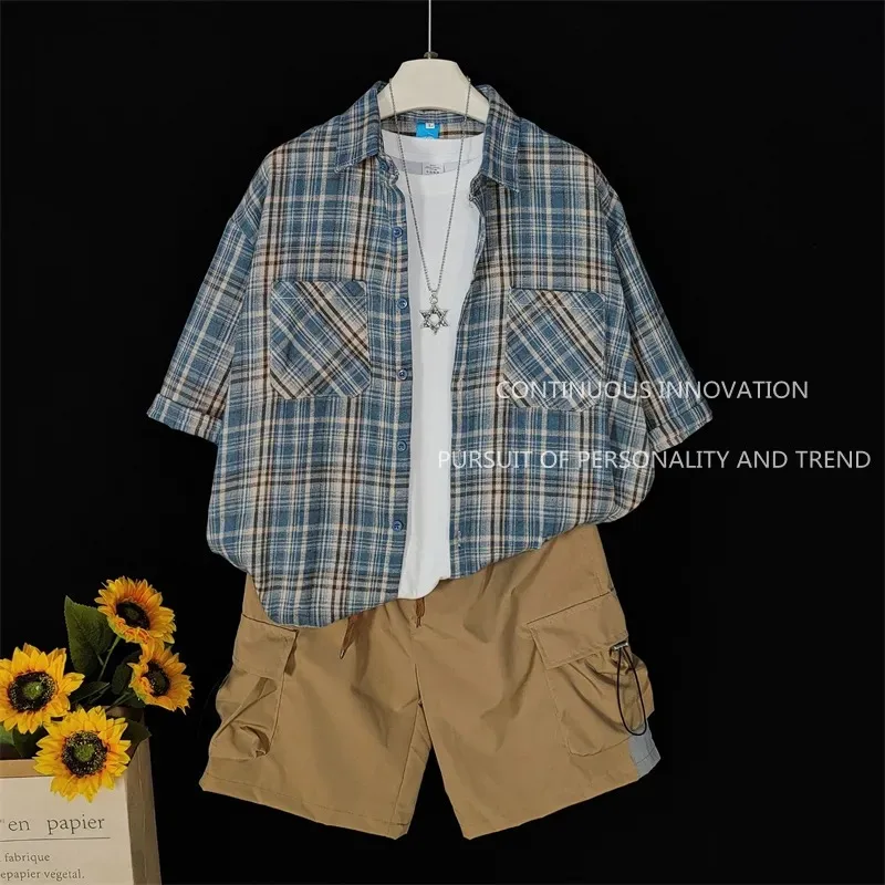 

Men's Japanese Style Plaid Shirt & Cargo Shorts 2 Piece Set Summer Casual Loose Streetwear Outfit