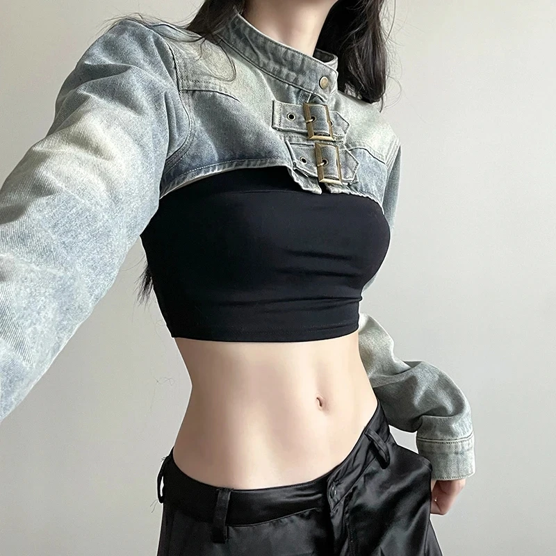 MEXZT Y2K Cropped Denim Jacket Women Vintage 90S Sexy Long Sleeve Jeans Coats Summer Gyaru Harajuku Streetwear Design Outerwears