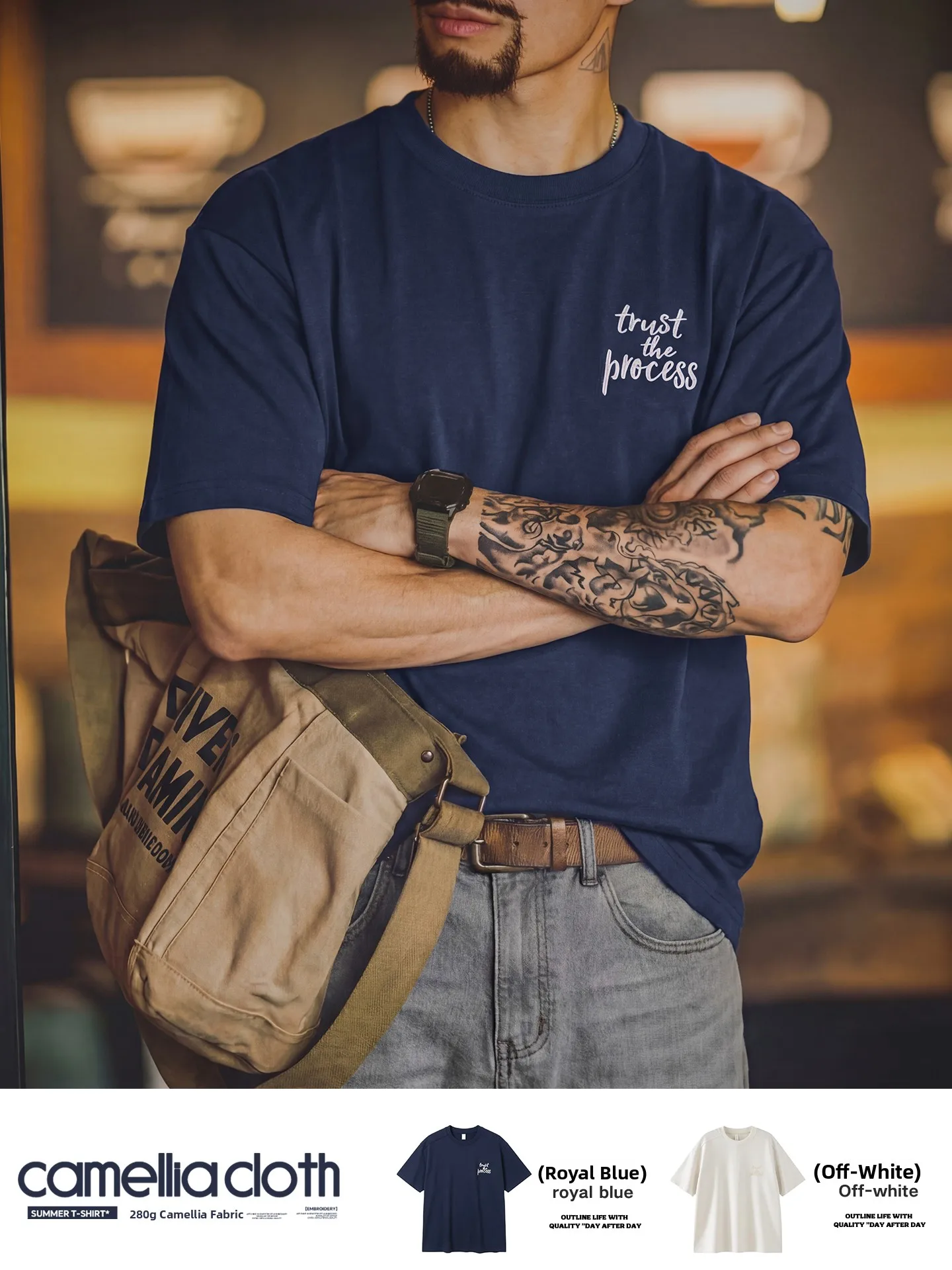 Blue Heavyweight Short Sleeve T-Shirt Men's Loose Elastic Summer New Style Large Size Men's Cotton Blend Fabric Casual Shirt