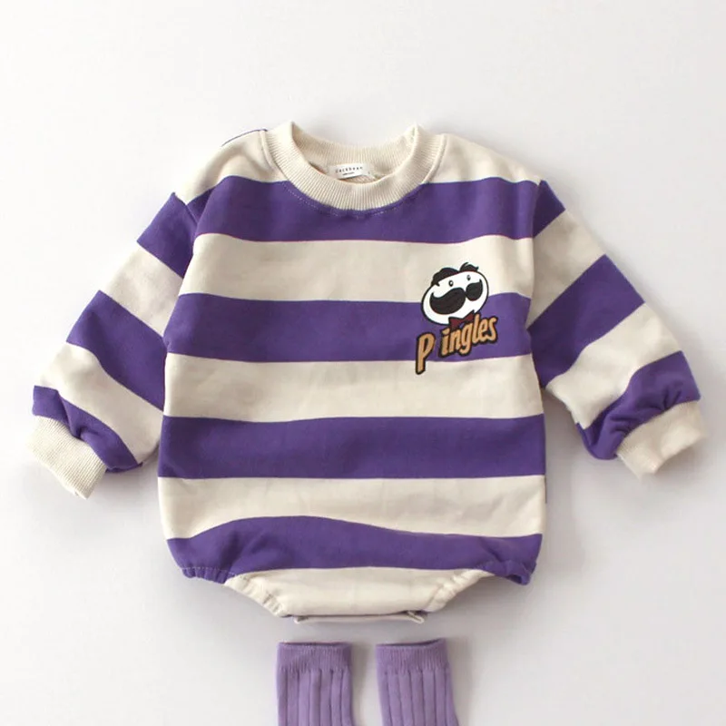 Autumn New Baby Boys Long Sleeve Striped Bodysuit Cotton Newborn Girls Cute Cartoon Print Jumpsuit Infant Toddler Clothes 0-24M