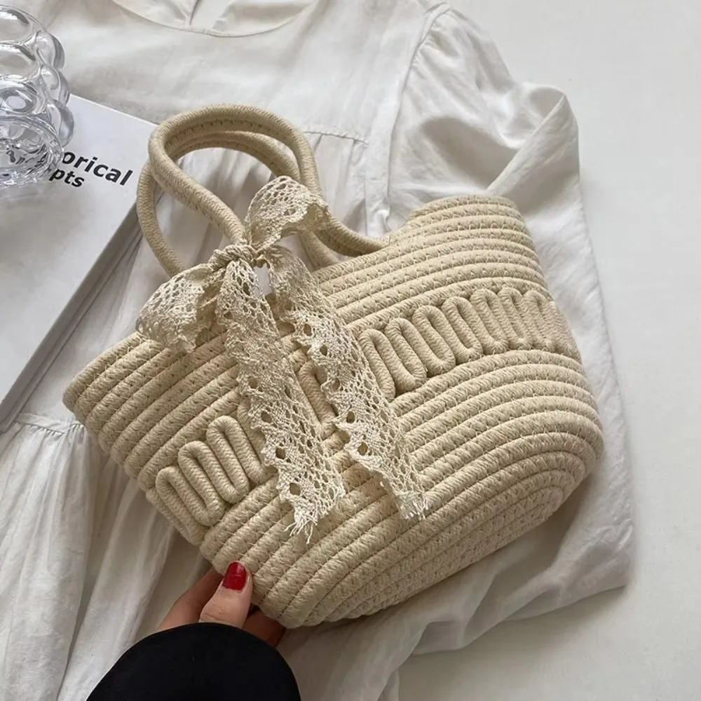 Bolso de paja tejido a mano de algodón, bolso de playa hecho a mano de gran capacidad para vacaciones, bolso tejido a mano portátil de estilo coreano para ir al trabajo en clase