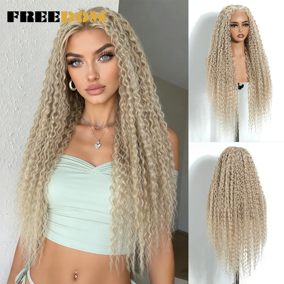 FREEDOM 6x4 Synthetische Lace-Front-Perücken für Damen, 32 Zoll, vorgefertigte, lange, lockige Lace-Perücke, vorgezupfte Haaransätze, Ombré-Braun-Blond, Perücken ohne Klebstoff. – Detail 8