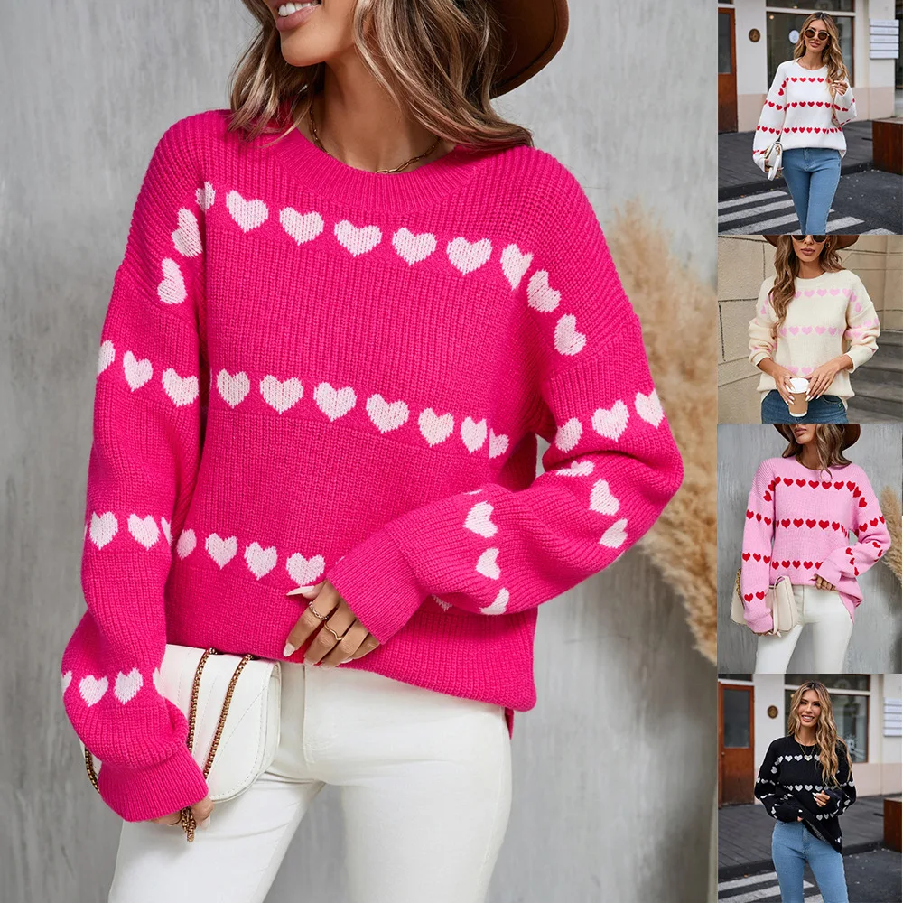 

2025 New Women Casual Loose O Neck Knit Sweater Fashion Love Print Pullover