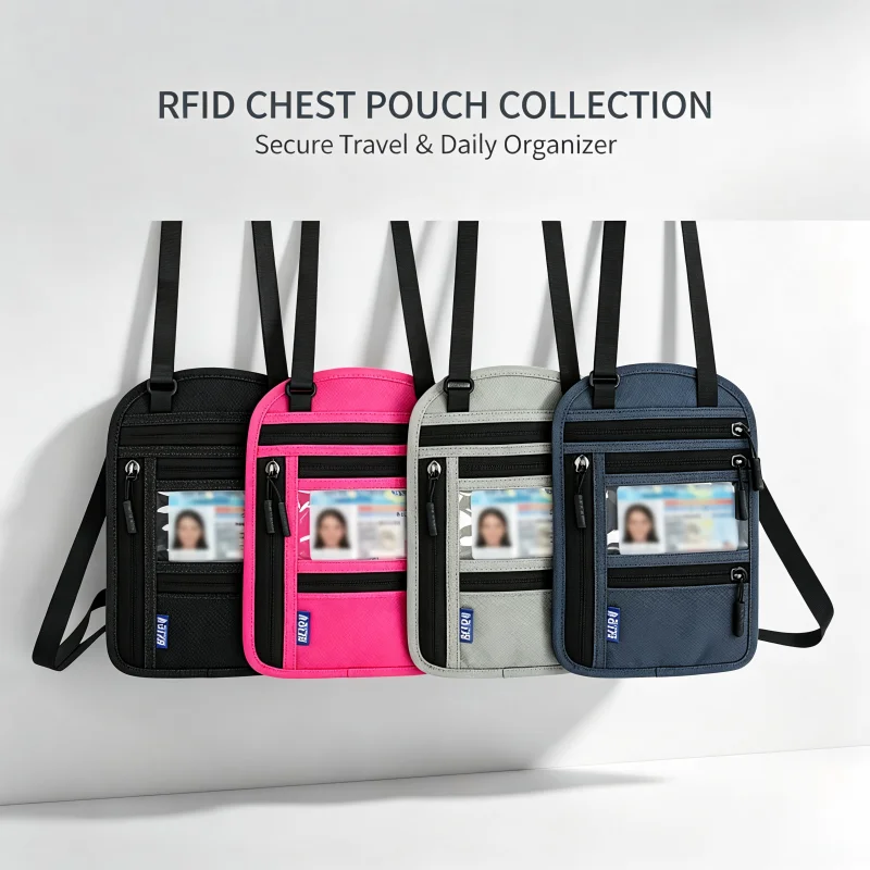 Pochette de sécurité antivol en nylon avec blocage RFID, sac de voyage pour passeport avec sangle de cou réglable, portefeuille de voyage étanche pour le cou