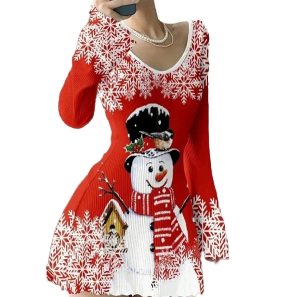 

Женское платье с длинными рукавами и V-образным вырезом, с рождественским принтом, из рубчатой трикотажной ткани и с расклешенными рукавами, для прохладных сезонов.