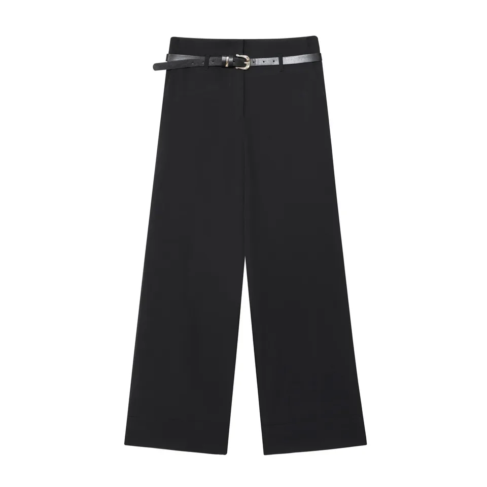 2025 New Black Coffee Apricot Wide Leg Cuff Hem With Belt Casual Long Pants Women Fashion Versatile Style