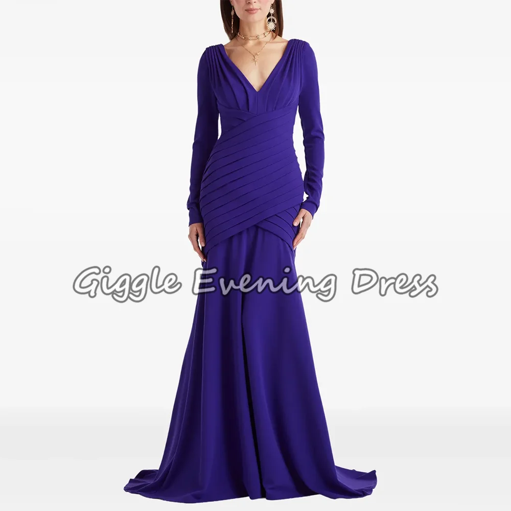 

Purple Simple Evening Dresses V-Neck Long Sleeves Mermaid Evening Gowns Elegant Formal Floor Length Prom Dresses Customized