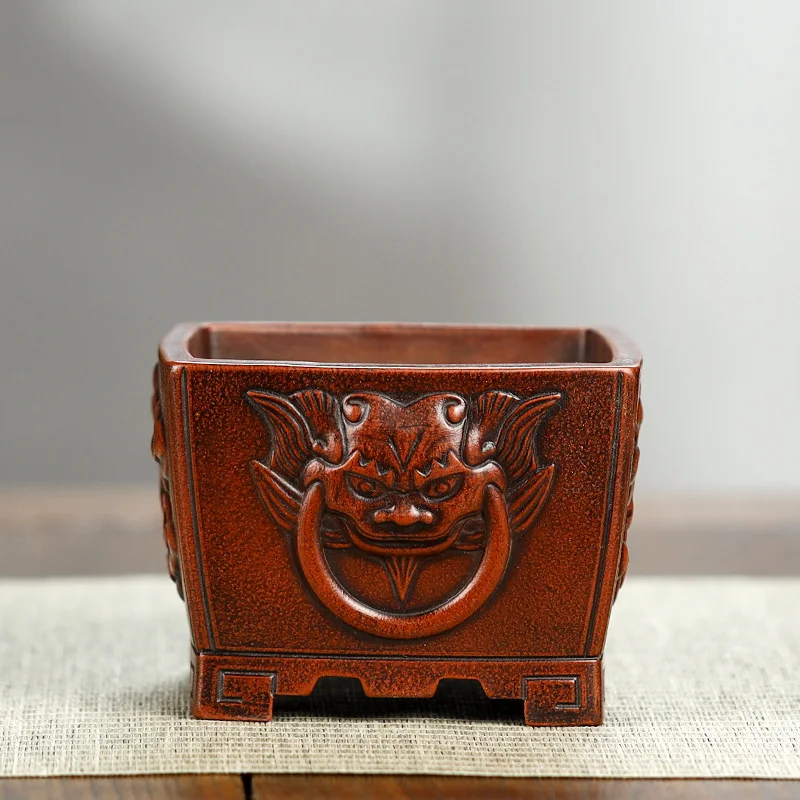 Chinese Carved Lion Pattern Bonsai Pot, Purple Sand, Garden Decoration