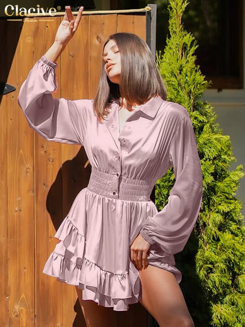 Clacive mode ample rose Satin femmes robe 2025 décontracté revers à manches longues Mini robes élégant classique plissé femme robe