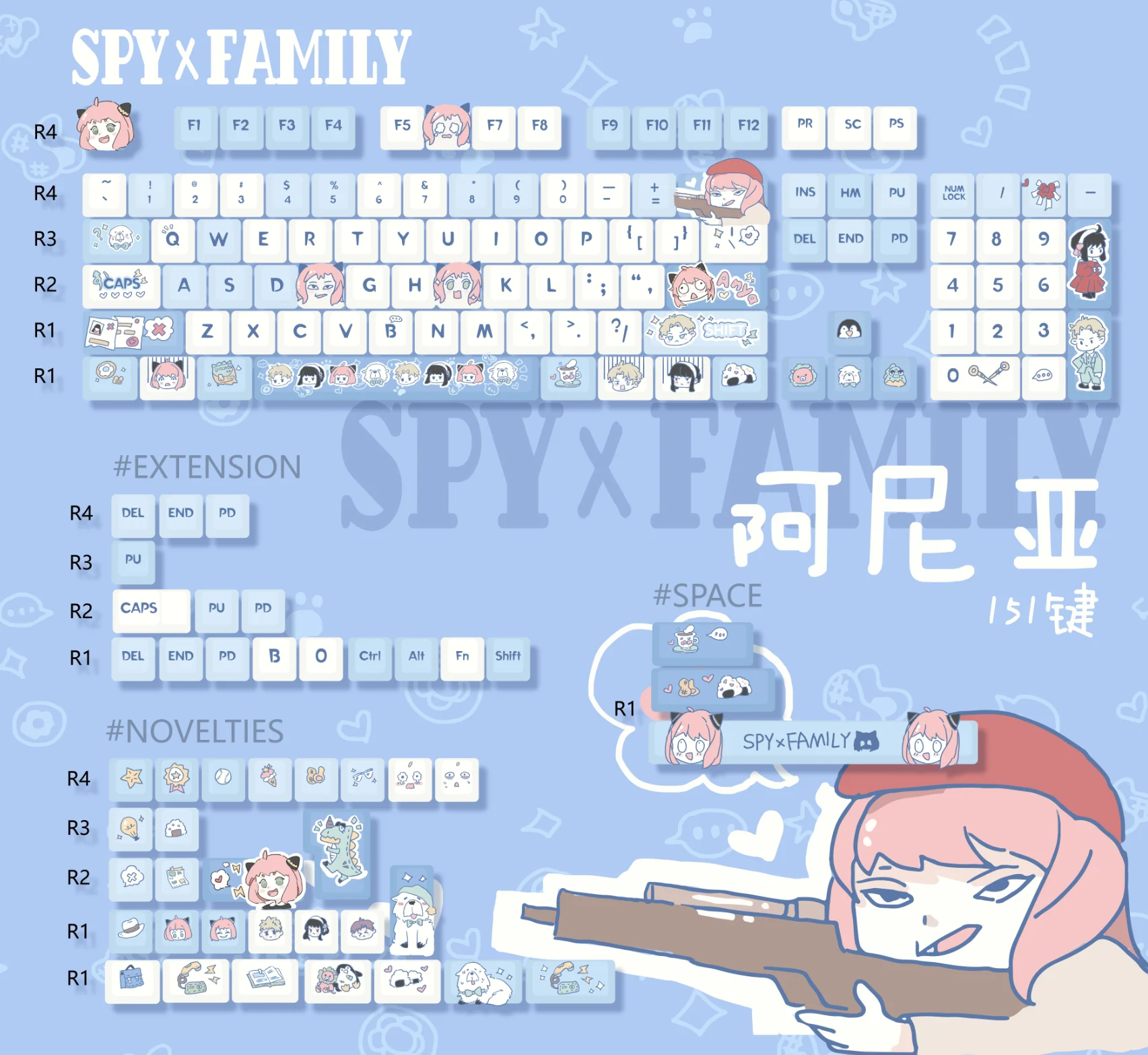 Imagem -06 - Teclado Mecânico Bonito Keycaps Spy Play House Aniya Pinguim Keycap Dma Round Cherry Cartoon Keycaps 132 Chaves 151 Chaves